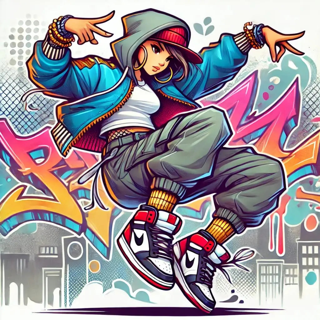 Streetdancer mit Kapuze und Graffiti-Hintergrund – energiegeladener Urban-Tanzstil.
