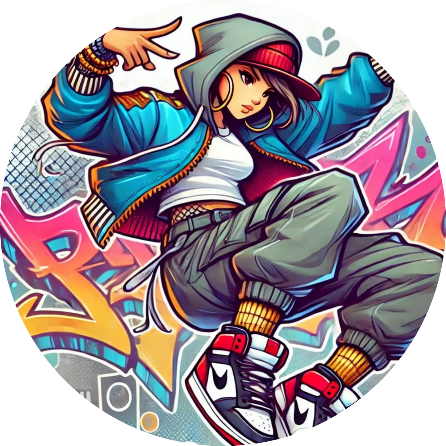 Streetdance-Ballerina mit Hoodie vor Graffiti-Wand in runder Komposition – modernes Tanzmotiv mit urbanem Stil