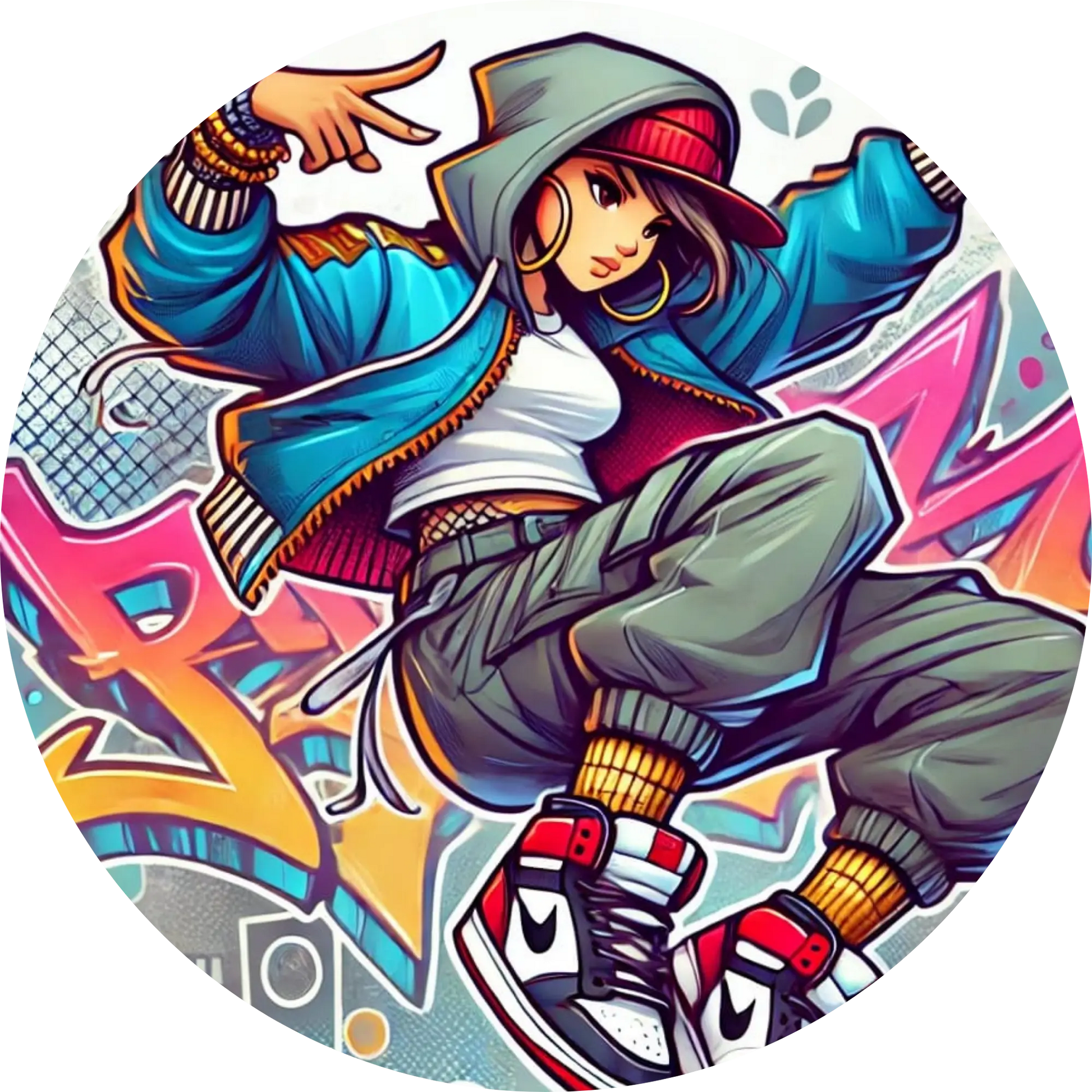 Streetdance-Ballerina mit Hoodie vor Graffiti-Wand in runder Komposition – modernes Tanzmotiv mit urbanem Stil