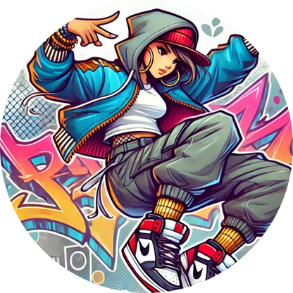 Streetdance-Ballerina mit Hoodie vor Graffiti-Wand in runder Komposition – modernes Tanzmotiv mit urbanem Stil