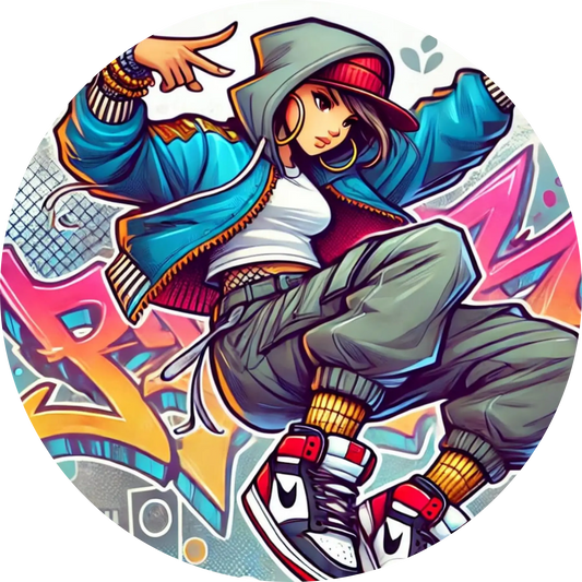 Streetdance-Ballerina mit Hoodie vor Graffiti-Wand in runder Komposition – modernes Tanzmotiv mit urbanem Stil