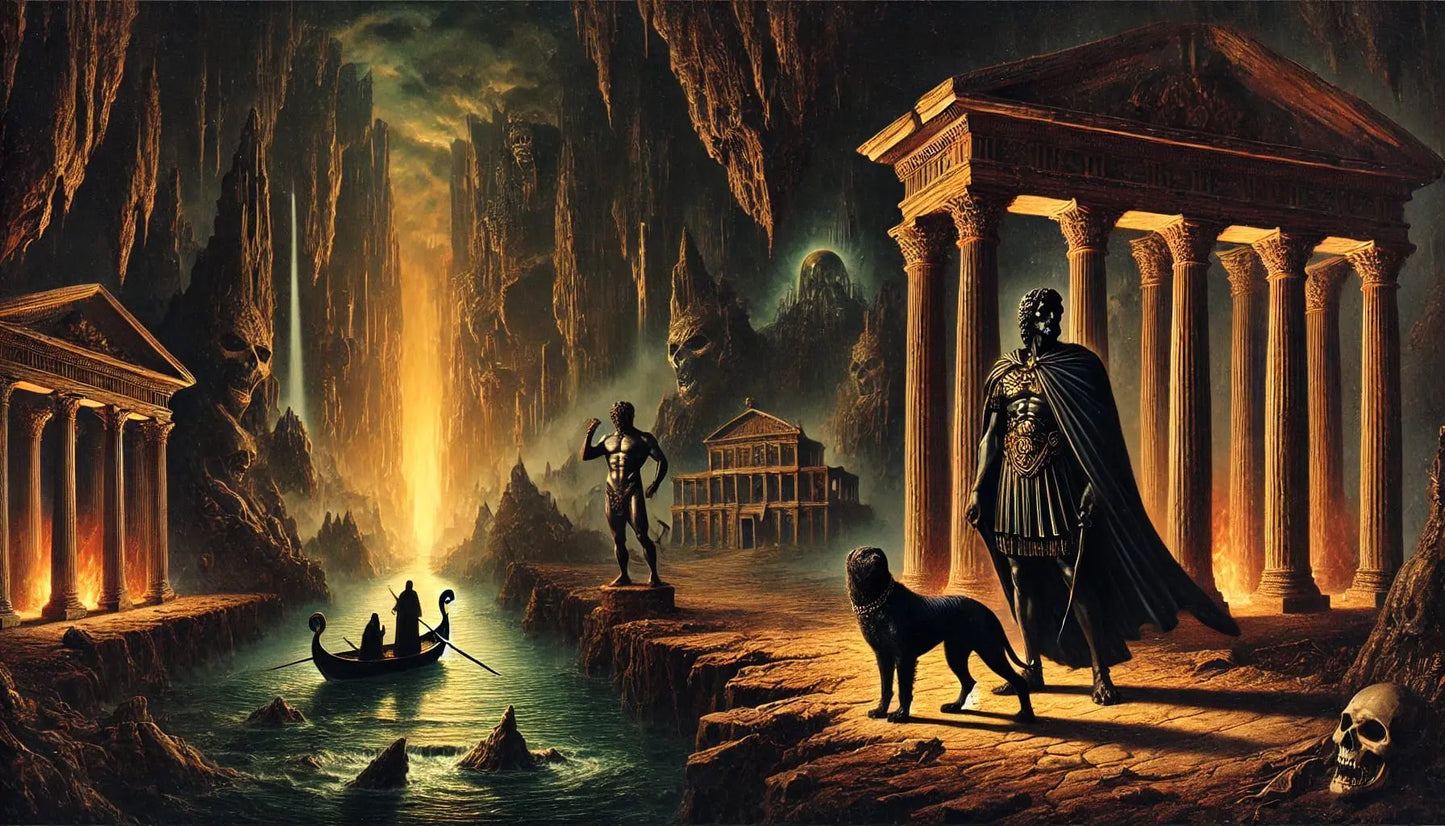 Mythische Darstellung der Unterwelt in der Antike: Ein Wächter in Rüstung steht mit einem schwarzen Hund vor leuchtenden Tempelsäulen. Im Hintergrund kreuzen Seelen den Fluss Styx in einem Boot, begleitet von düsteren Statuen und gespenstischen Gestalten – eine Szene aus der griechisch-römischen Mythologie.