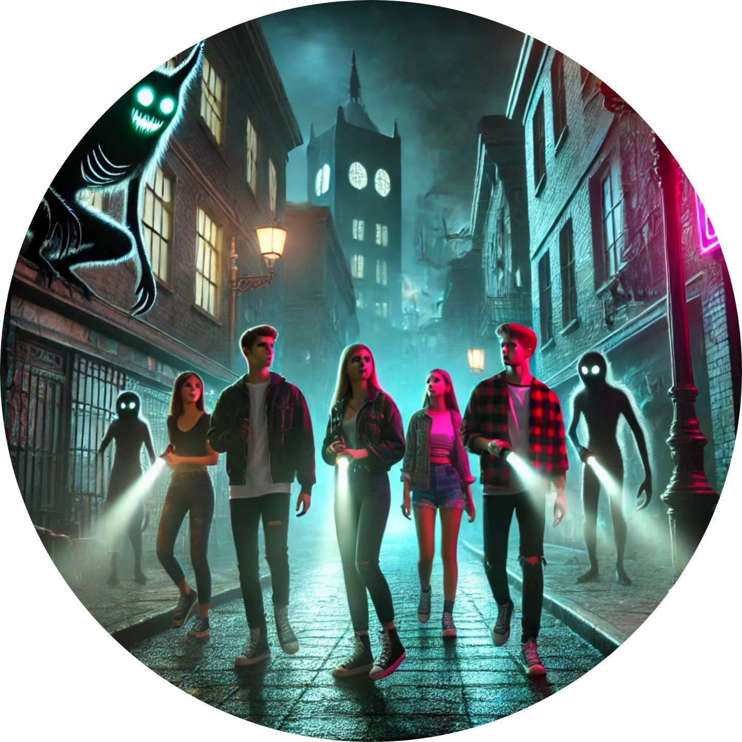 Gruppe Jugendlicher in Neonlicht beleuchteter Stadtgasse, düstere Atmosphäre