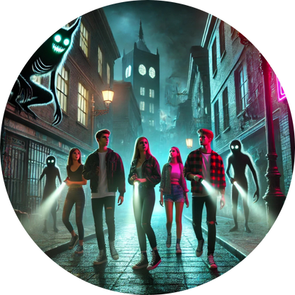 Gruppe Jugendlicher in Neonlicht beleuchteter Stadtgasse, düstere Atmosphäre