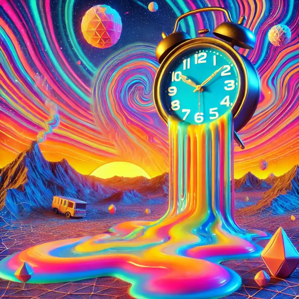 Surreale Uhr, die in bunter Landschaft wie flüssige Farbe zerfließt – visuell hypnotischer Zeitverlust.“