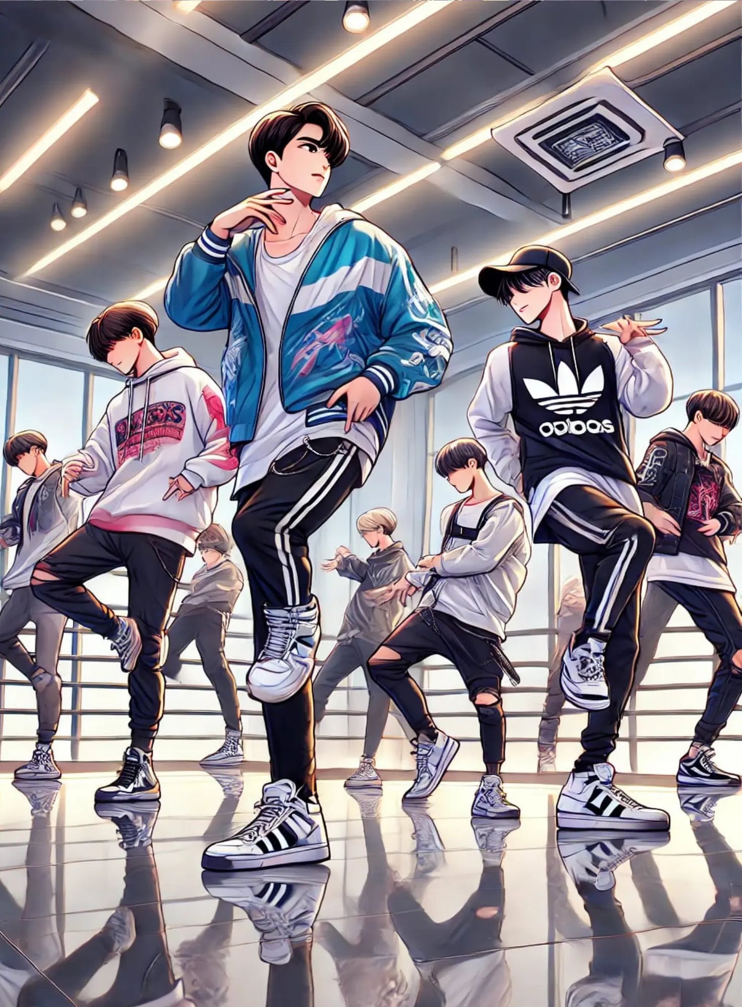 Boygroup beim Synchron-Tanz in heller Indoor-Kulisse, dynamisch inszeniert.