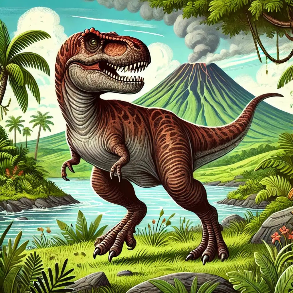 T-Rex mit offenem Maul in farbenfroher Urzeitszene mit Palmen