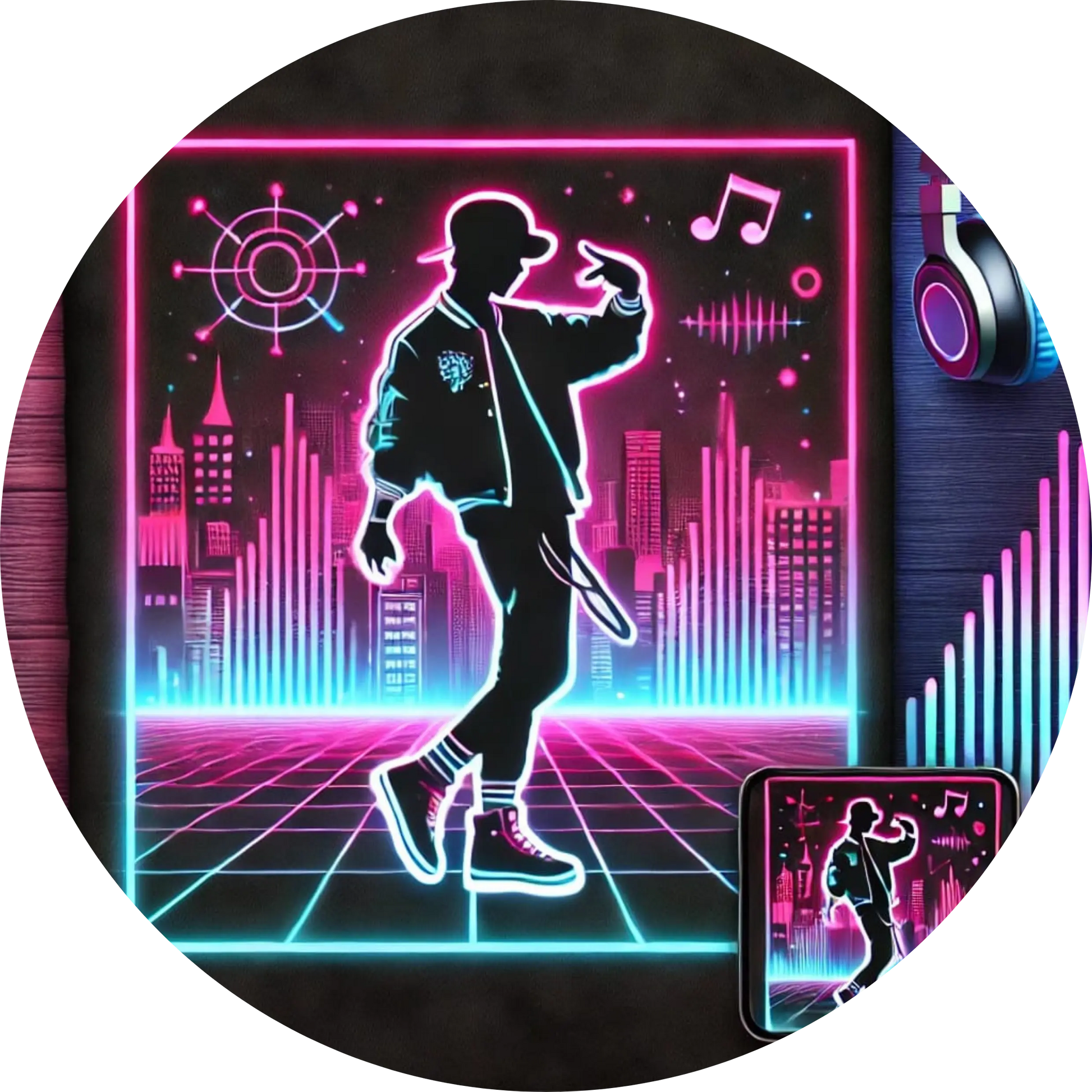 Tänzer-Silhouette in pinkem Neonlicht auf futuristischem Dancefloor

