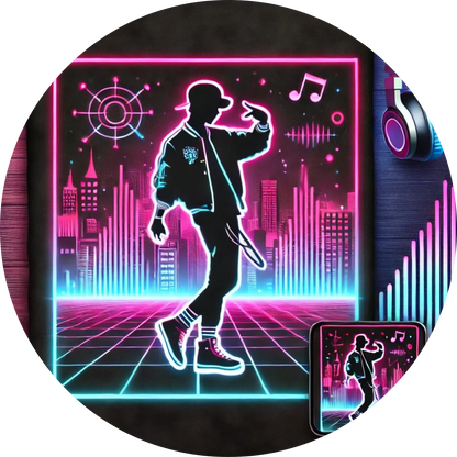Tänzer-Silhouette in pinkem Neonlicht auf futuristischem Dancefloor

