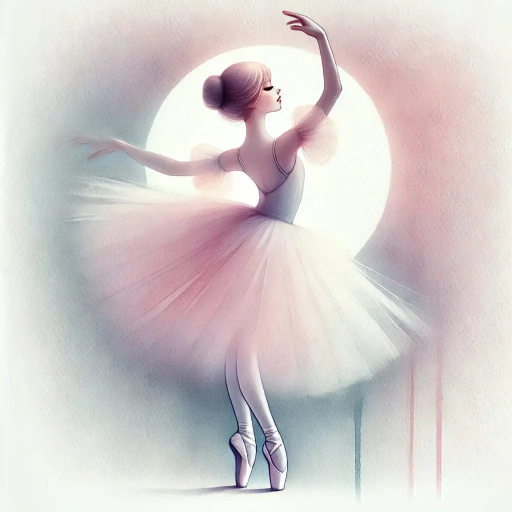 Tänzerin im Lichtkegel in einem weißen Tutu, eine Hand elegant erhoben – sanfte Darstellung.