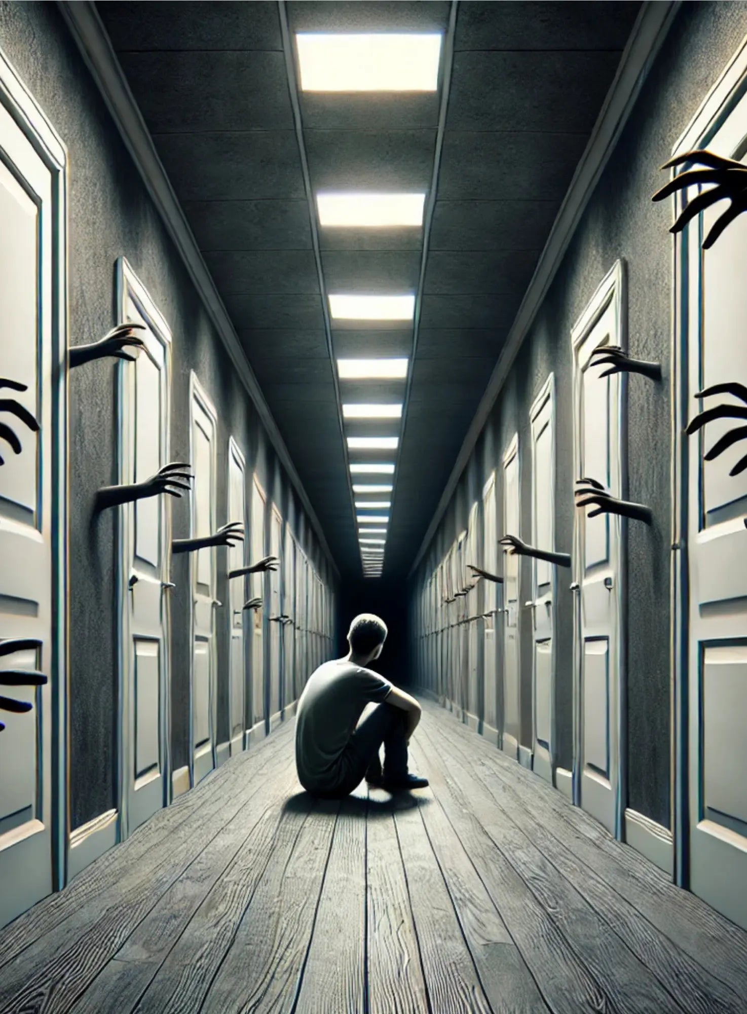 Verzweifelter Mensch sitzt am Boden eines endlosen Gangs mit geschlossenen Türen – unheimliche schwarze Hände greifen bedrohlich aus den Türspalten. Symbolische Darstellung von Angst, Panik und Bedrohung.“