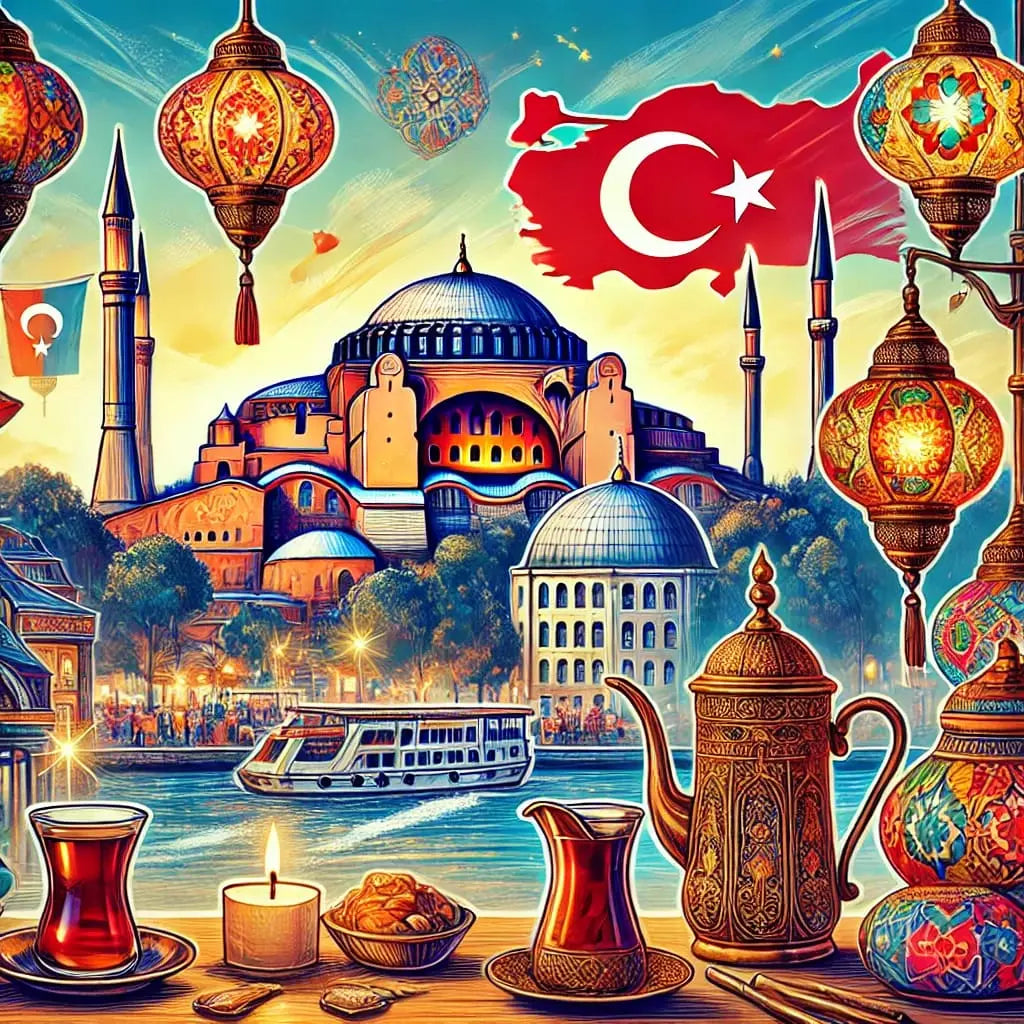 Türkei-Motiv mit Tee-Set, Moschee, Brücke und Laternen, eingefasst von floralen Ornamenten