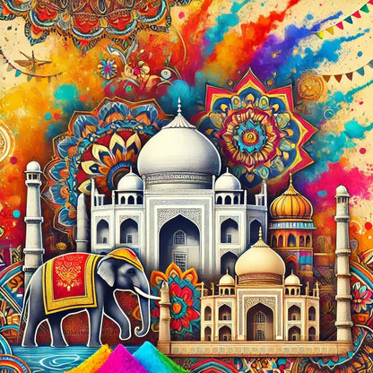 Indisches Design mit Taj Mahal, Elefant mit Decke, Mandalas und buntem Feuerwerk – detailreich und kulturell opulent umgesetzt.