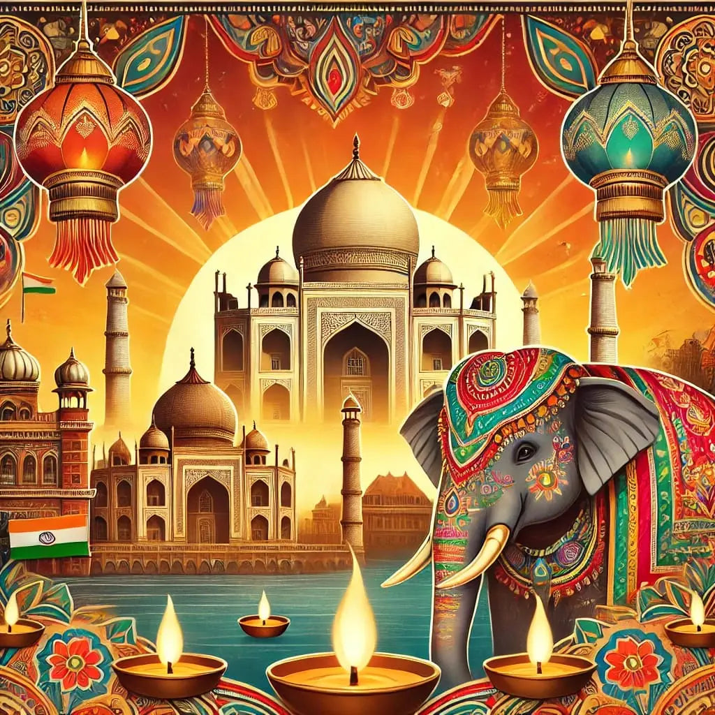 Opulentes Indien-Bild mit Taj Mahal, geschmücktem Elefanten und floralen Mustern – kunstvoller Stil.