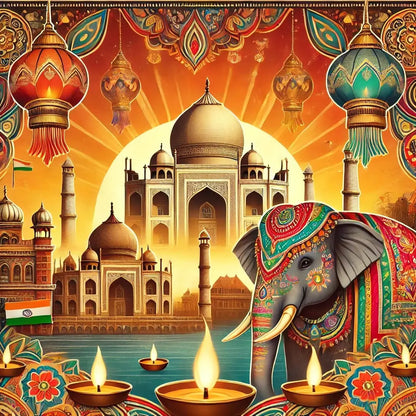 Opulentes Indien-Bild mit Taj Mahal, geschmücktem Elefanten und floralen Mustern – kunstvoller Stil.