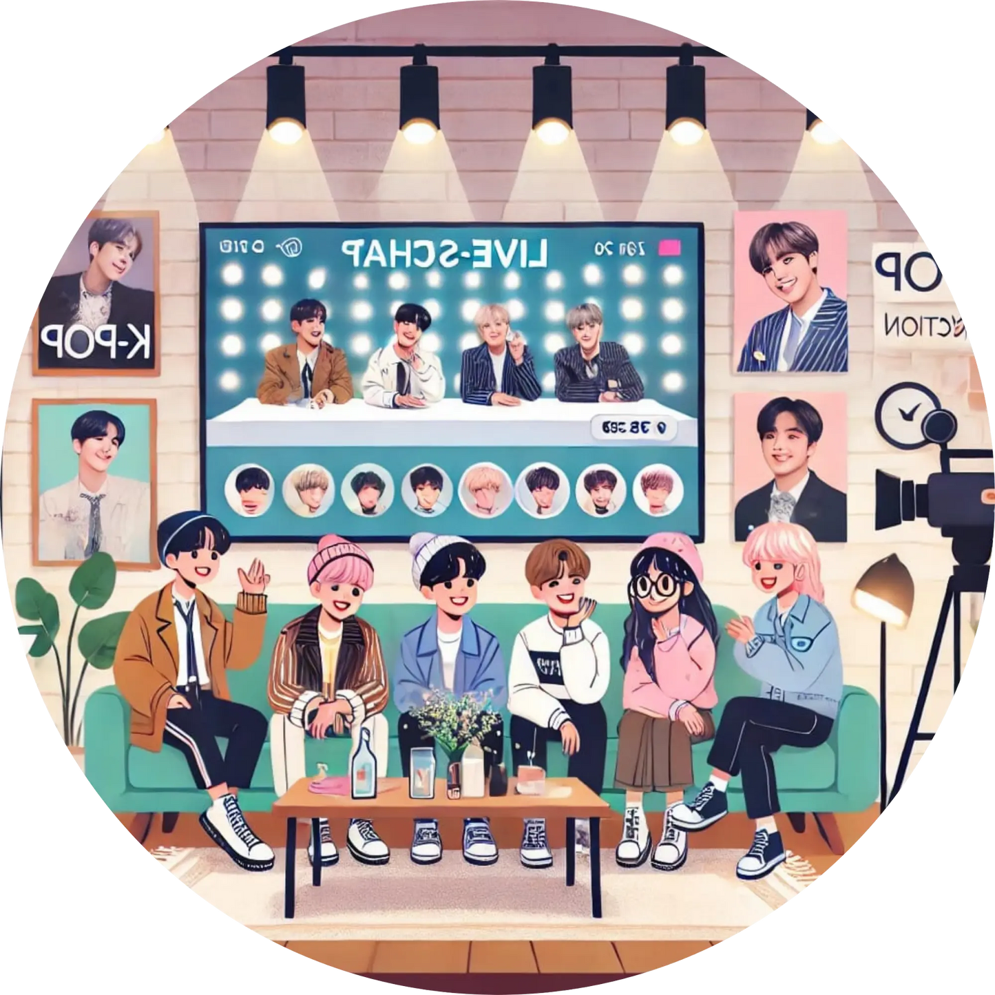 K-Pop-Talkshow mit vielen Personen in Studio-Atmosphäre und Sofas