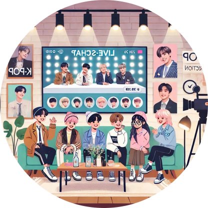 K-Pop-Talkshow mit vielen Personen in Studio-Atmosphäre und Sofas