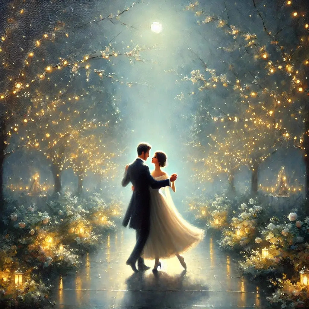 Brautpaar tanzt unter Lichterketten in einem märchenhaft beleuchteten Waldweg