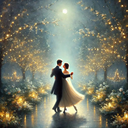 Brautpaar tanzt unter Lichterketten in einem märchenhaft beleuchteten Waldweg