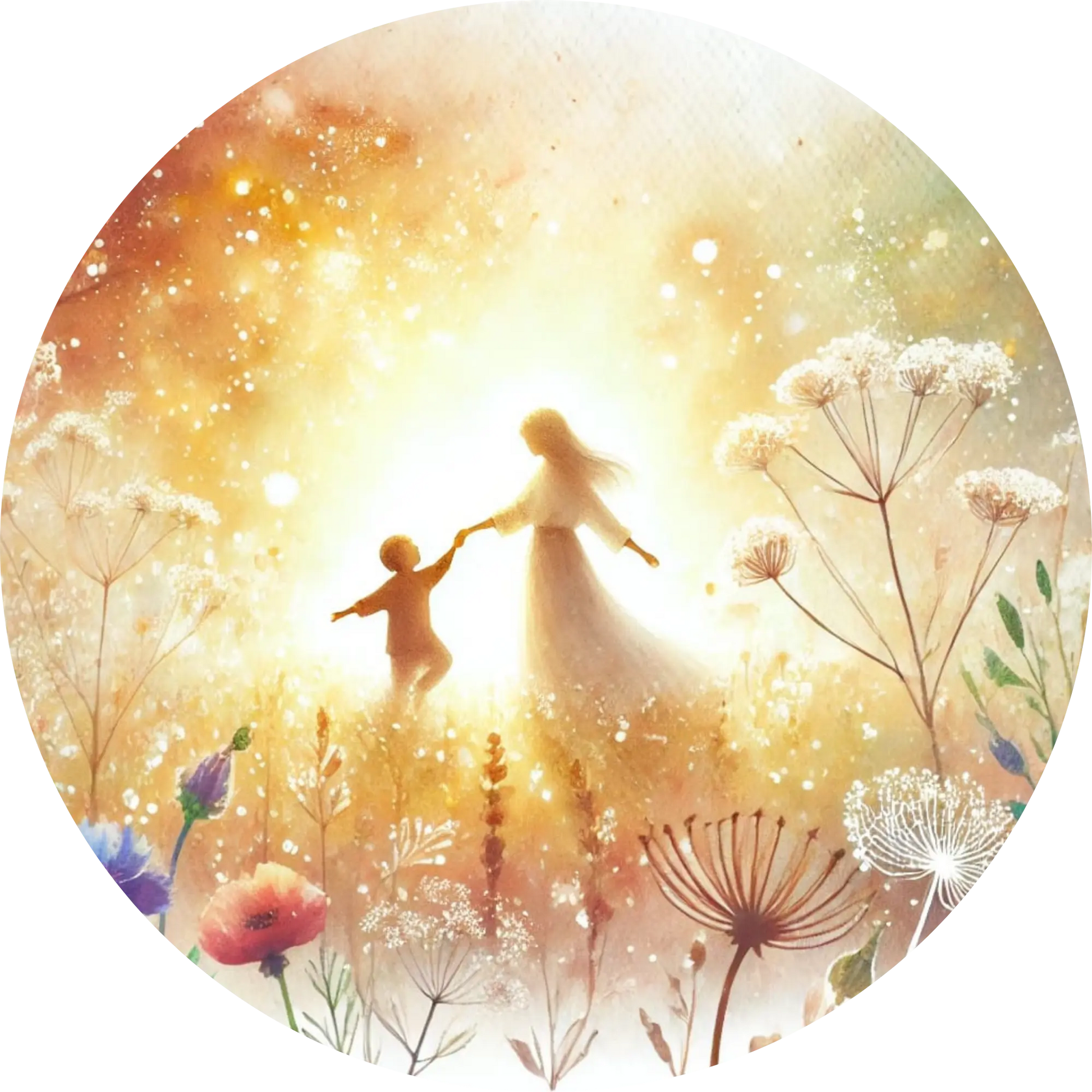 Zwei Figuren tanzen im Sonnenlicht zwischen Blumen – Symbol für Freude & Verbindung.