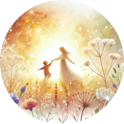 Zwei Figuren tanzen im Sonnenlicht zwischen Blumen – Symbol für Freude & Verbindung.