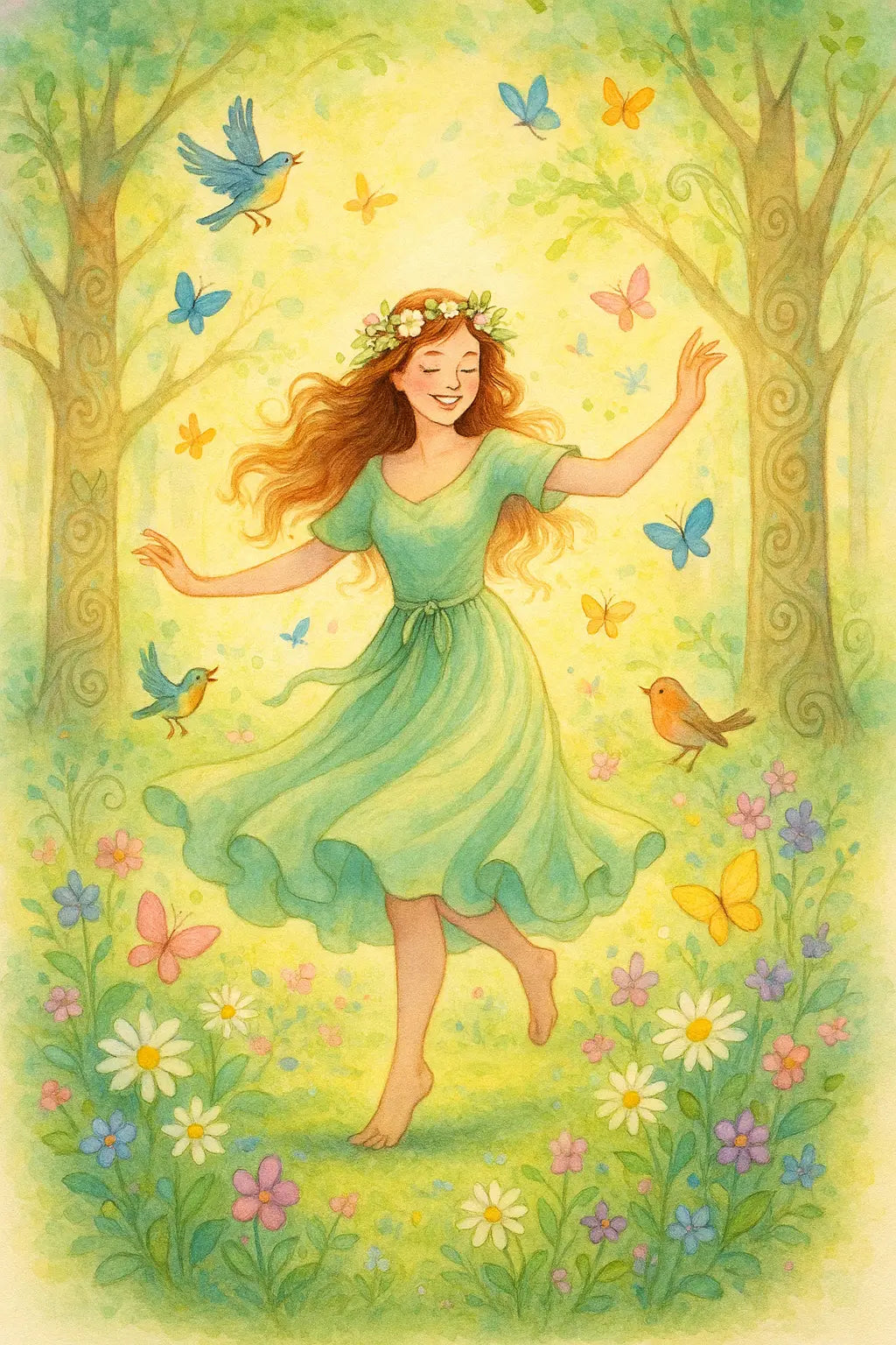 Zartes Aquarellmotiv einer tanzenden Frau mit Blumenkranz im Haar, umgeben von bunten Schmetterlingen, Vögeln und Frühlingsblumen in einem magischen Wald mit keltischen Ornamenten an den Bäumen – Symbol für Lebensfreude und die Verbindung zur Natur.

