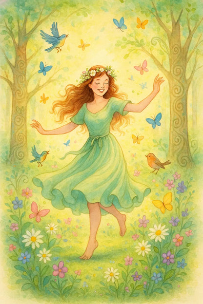 Zartes Aquarellmotiv einer tanzenden Frau mit Blumenkranz im Haar, umgeben von bunten Schmetterlingen, Vögeln und Frühlingsblumen in einem magischen Wald mit keltischen Ornamenten an den Bäumen – Symbol für Lebensfreude und die Verbindung zur Natur.

