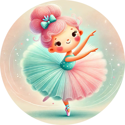 Süßes Ballerina-Kind in blauem Tutu auf rosa Glitzerboden – verträumt und farbenfroh illustriert
