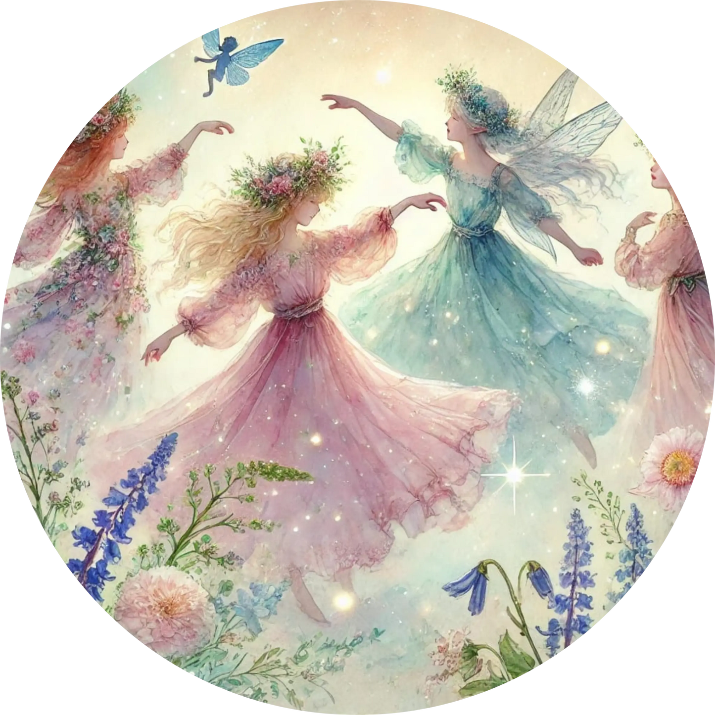 Mehrere tanzende Elfen in zarter Blumenwiese 