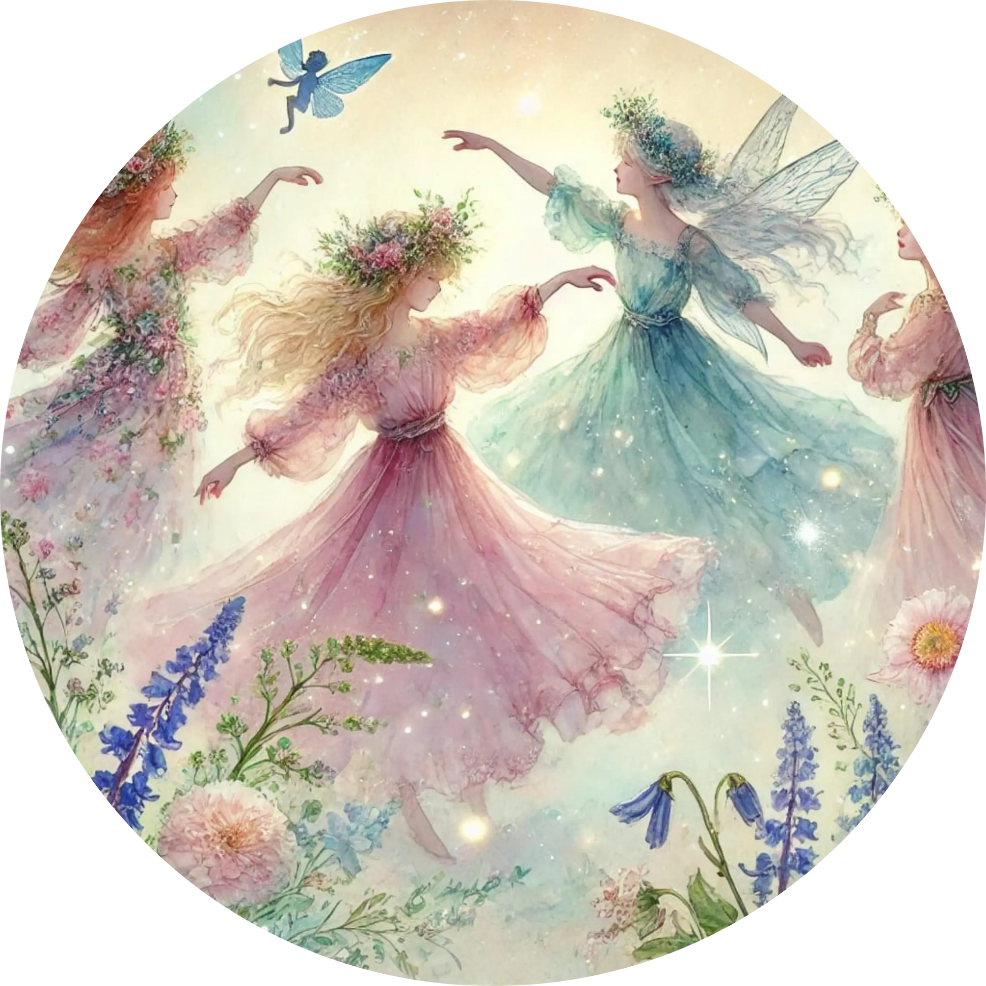 Mehrere tanzende Elfen in zarter Blumenwiese 