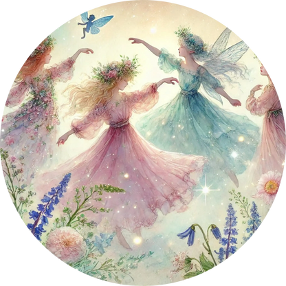 Mehrere tanzende Elfen in zarter Blumenwiese 