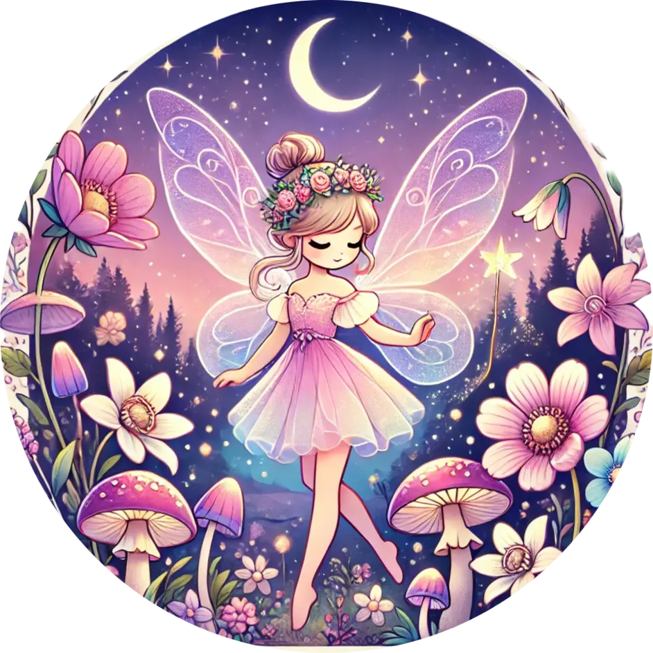 Tänzerische Fee mit Blumen in nächtlicher Zauberwelt