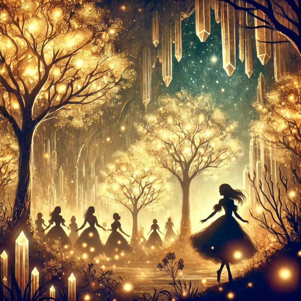 Die zwölf tanzenden Prinzessinnen:
Prinzessinnen in wunderschönen Kleidern tanzen nachts durch einen glitzernden Kristallwald.