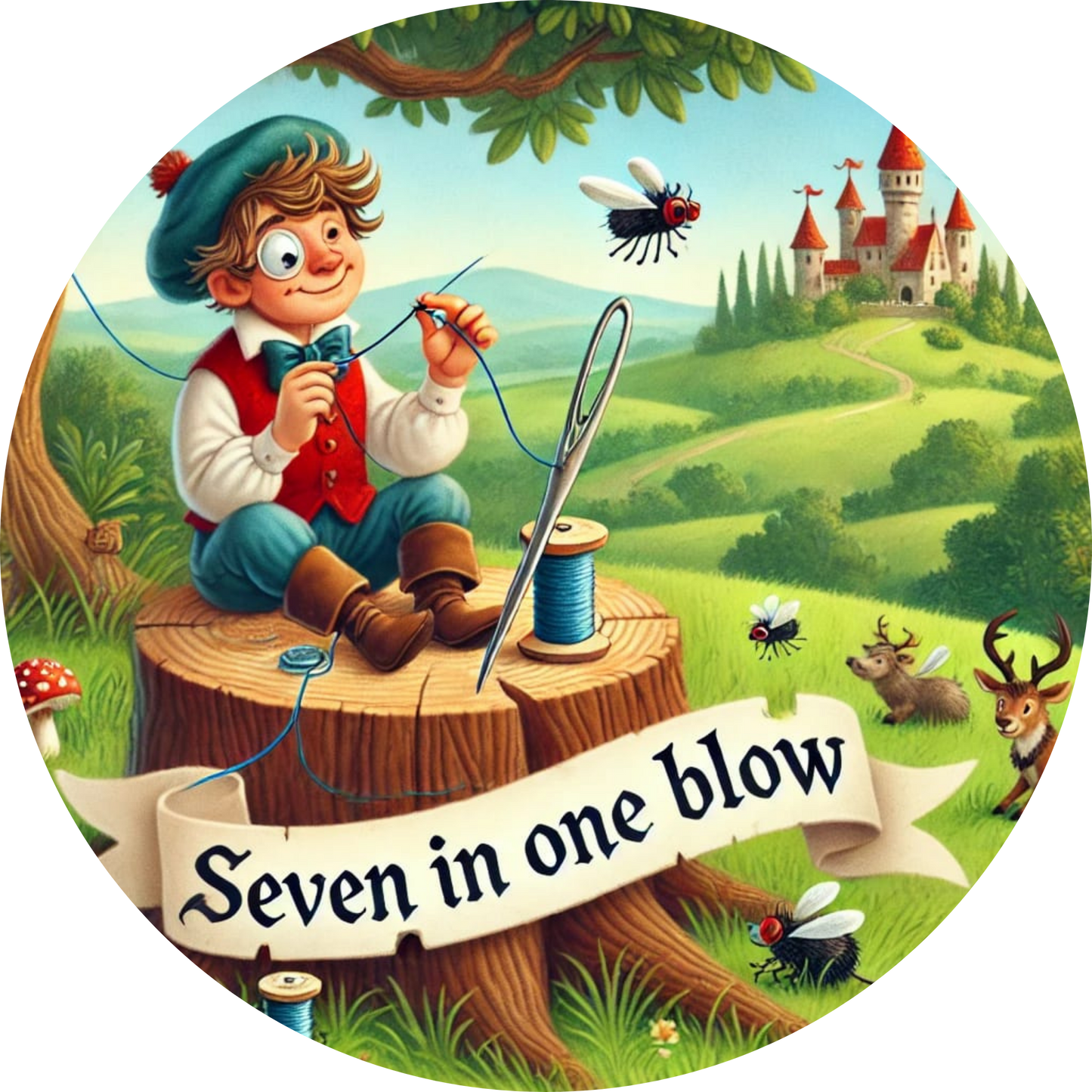 Der tapfere Schneider mit Schwert und Spruchband „Seven in one blow“ auf einer Wiese