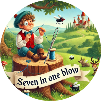 Der tapfere Schneider mit Schwert und Spruchband „Seven in one blow“ auf einer Wiese