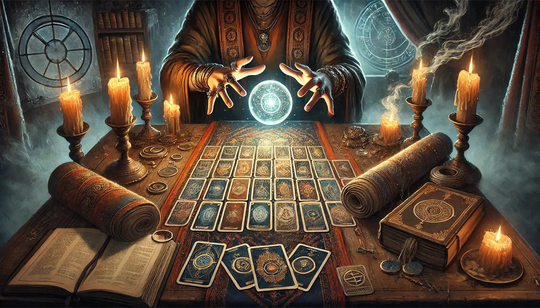 Mystische Tarot-Kartenlesung mit Kristallkugel
Eine geheimnisvolle Szene mit Tarotkarten, brennenden Kerzen und einer schwebenden Kristallkugel über einem antiken Holztisch.