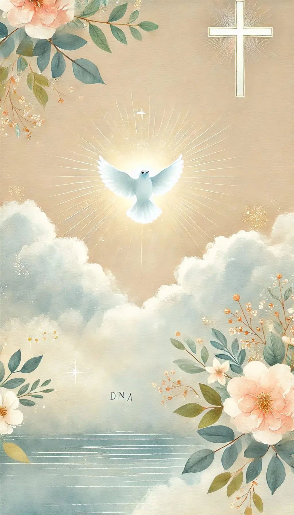 Weiße Taube mit floralen Wolken und Kreuz – stilvolle Darstellung für kirchliche Anlässe