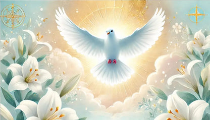 Weiße Taube mit Hostie und Lilien auf feierlichem Hintergrund – klassisches Tauf- oder Kommunionmotiv