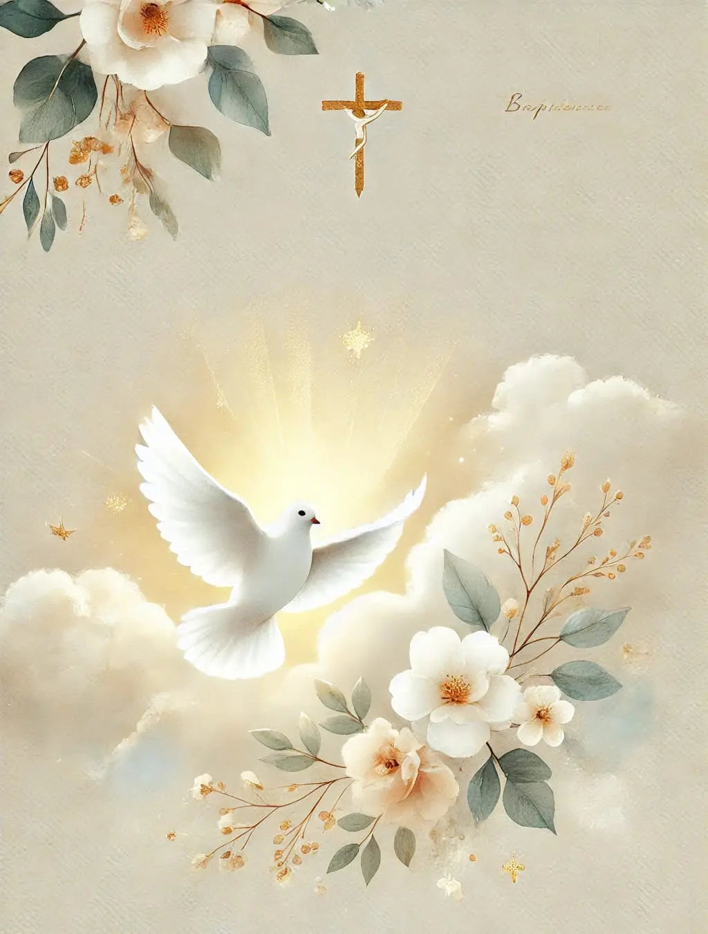 Sanfte Taufdarstellung mit Taube, Licht und floralen Elementen – festliches Motiv zur Taufe