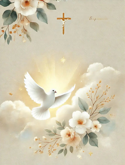 Sanfte Taufdarstellung mit Taube, Licht und floralen Elementen – festliches Motiv zur Taufe