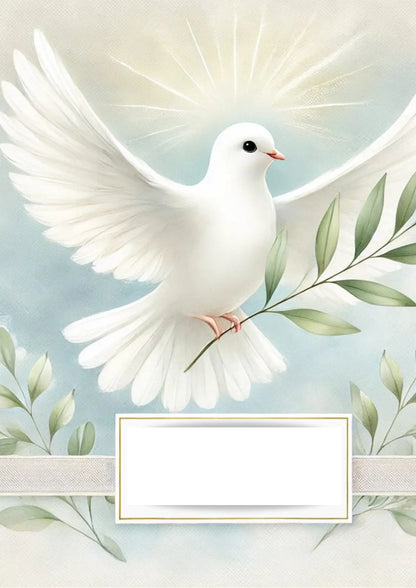 Weiße Taube mit Olivenzweig auf zartem Hintergrund – Symbol für Frieden und Taufe