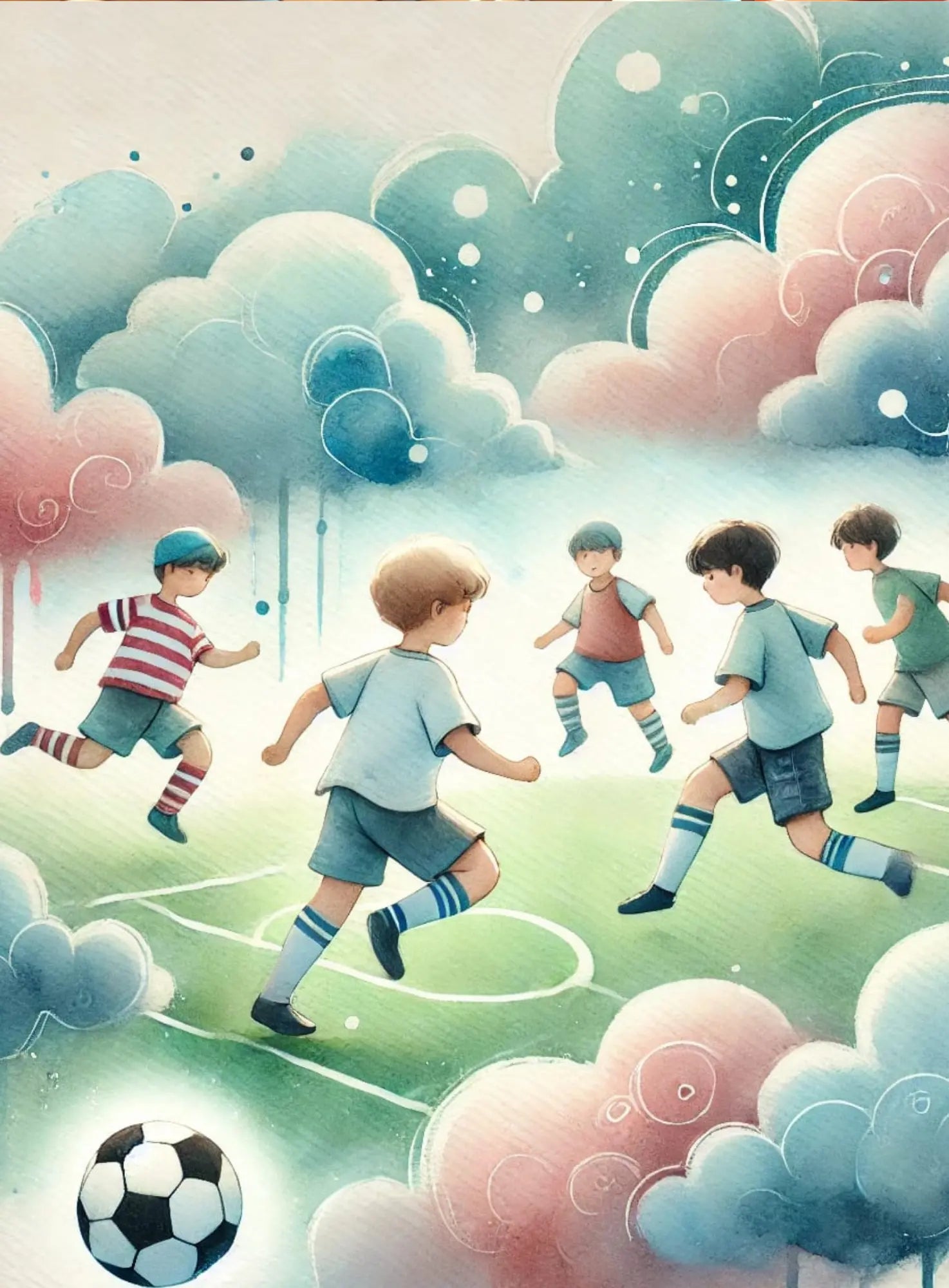 Kinder spielen gemeinsam Fußball in einer verträumten, wolkigen Fantasielandschaft.
