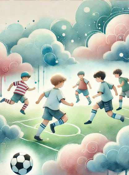 Kinder spielen gemeinsam Fußball in einer verträumten, wolkigen Fantasielandschaft.