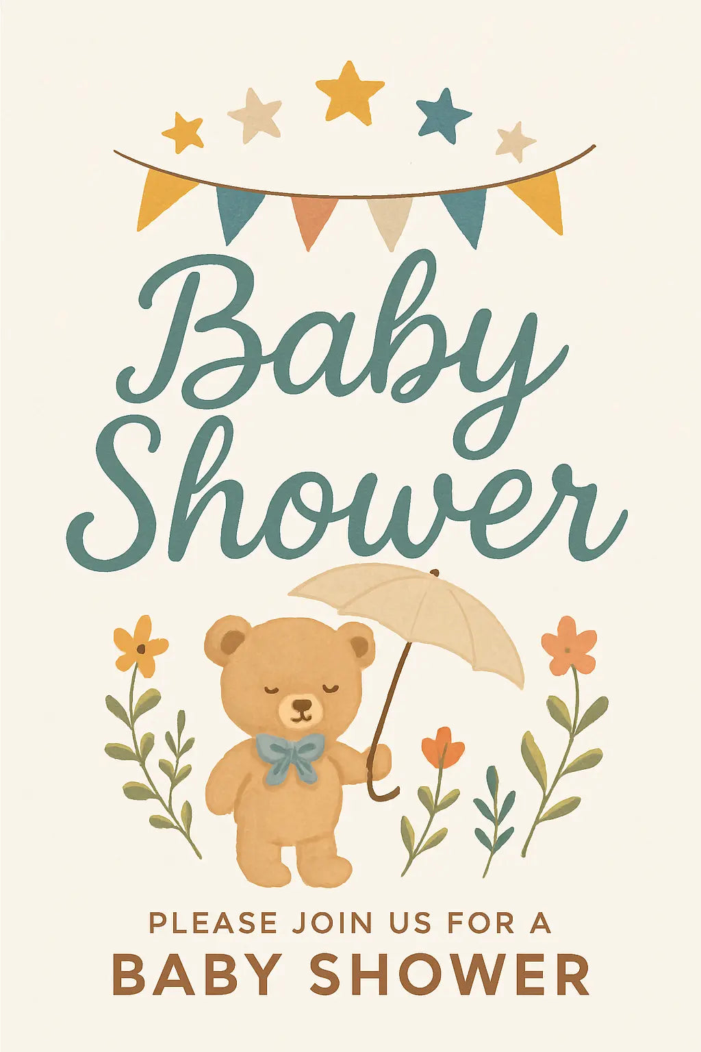 Niedlicher Teddy mit Schleife und Regenschirm steht unter Wimpeln und Sternen – liebevolles Motiv für Babyparty-Einladungen.
