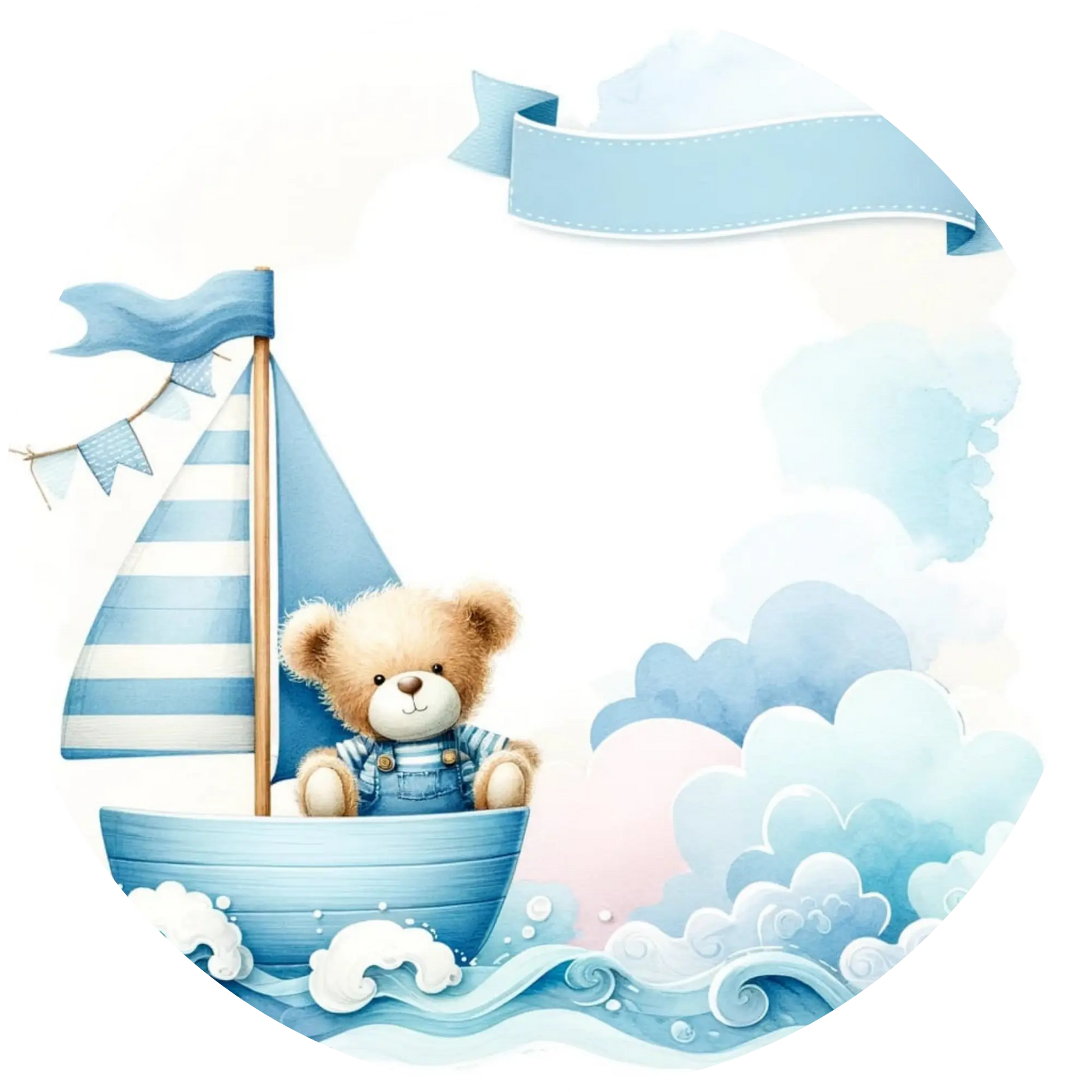 Teddy im Boot mit Wellen und blauem Banner – süßes Design für Jungen zur Geburt
