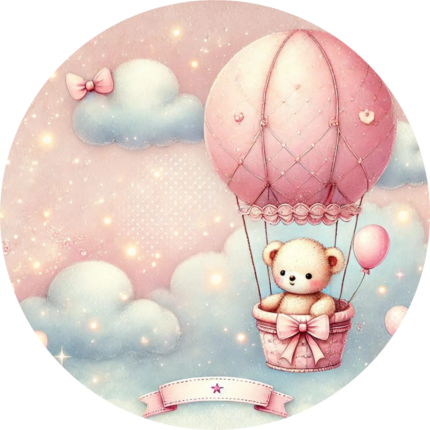 Teddybär im rosa Heißluftballon – verspieltes Baby-Motiv in Pastellrosa