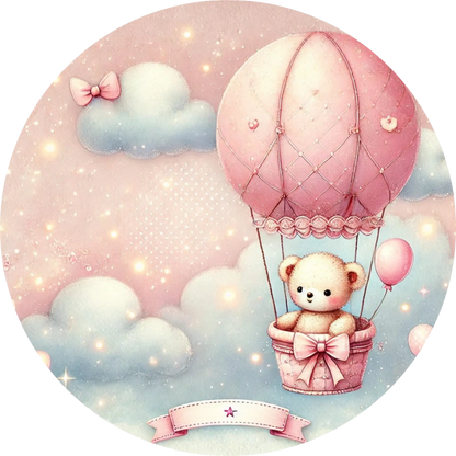 Teddybär im rosa Heißluftballon – verspieltes Baby-Motiv in Pastellrosa