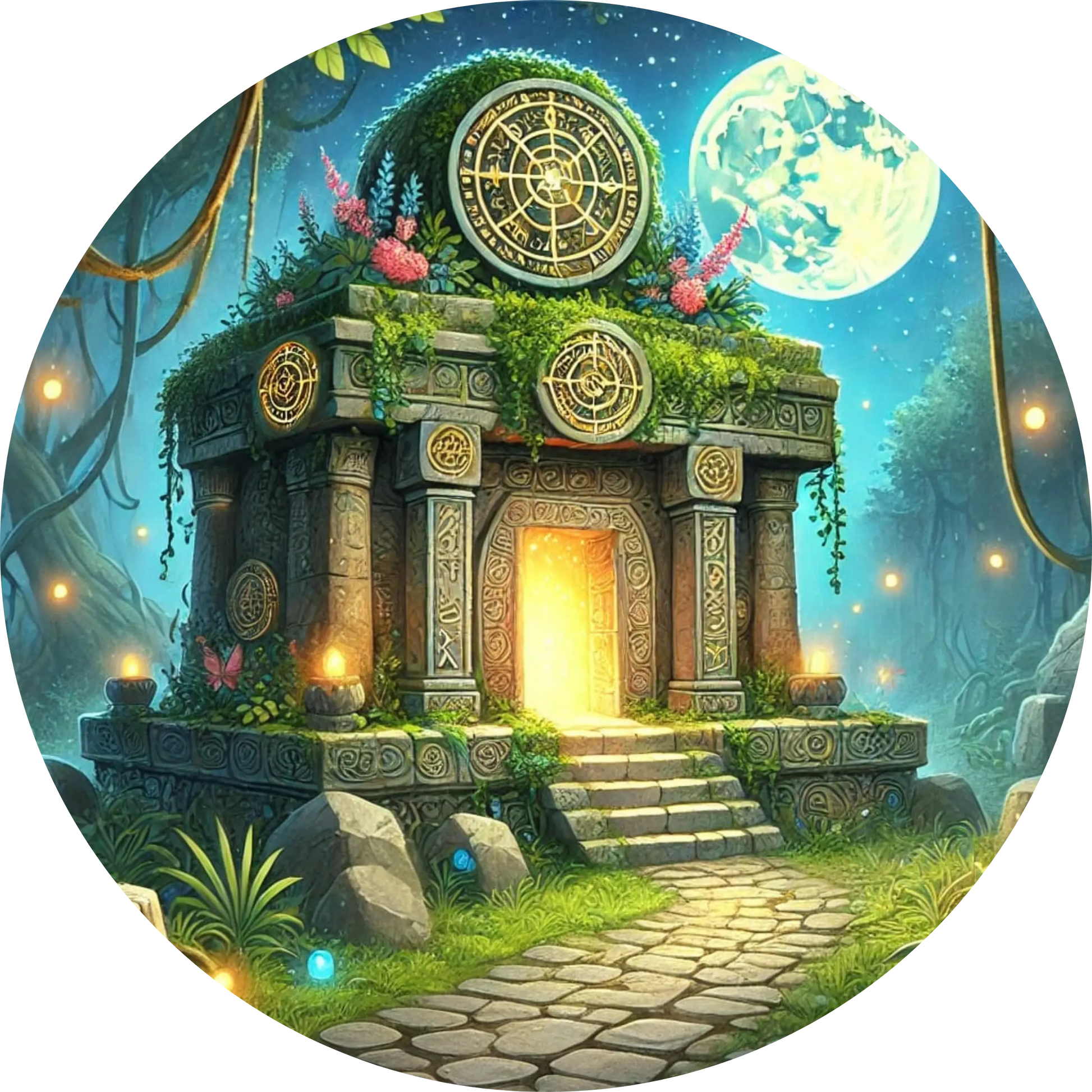 Fantasy-Tempel mit verwunschenem Garten und Moos überwucherten Säulen