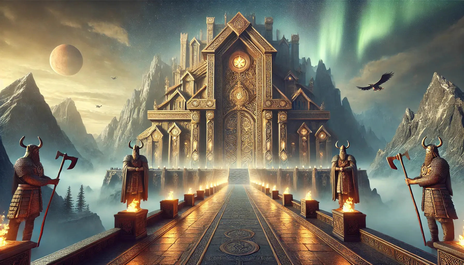 Strahlender Tempel mit Wächtern und goldenen Ornamenten – majestätische Szenerie einer göttlichen Residenz.