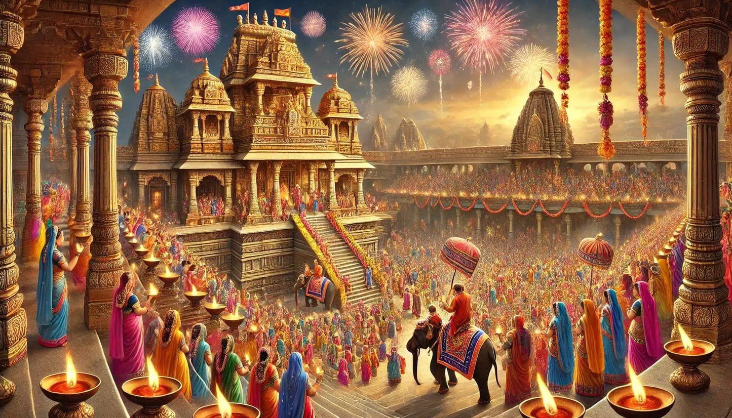 Feierliches hinduistisches Tempelfest bei Nacht mit bunten Saris, festlicher Prozession, Feuerwerk und geschmücktem Elefanten vor reich verzierter Tempelkulisse – stimmungsvoll, spirituell und farbenprächtig